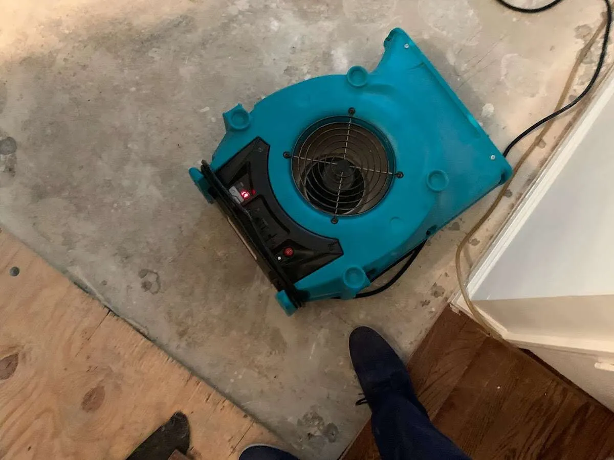 Air mover drying subfloor during Leak Detection & Repair in Belle Isle